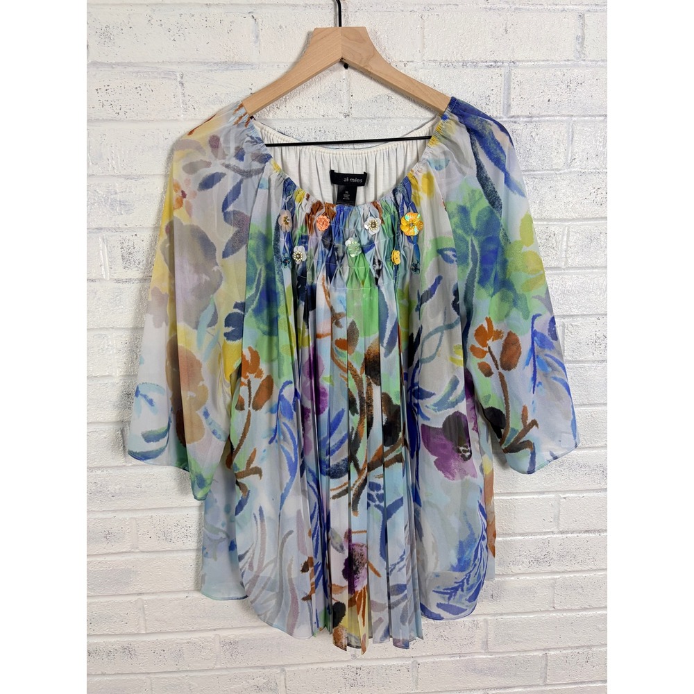 Ali Miles Blouse Womens XL Multicolor Floral Pleated 3D Flower Embellished Top